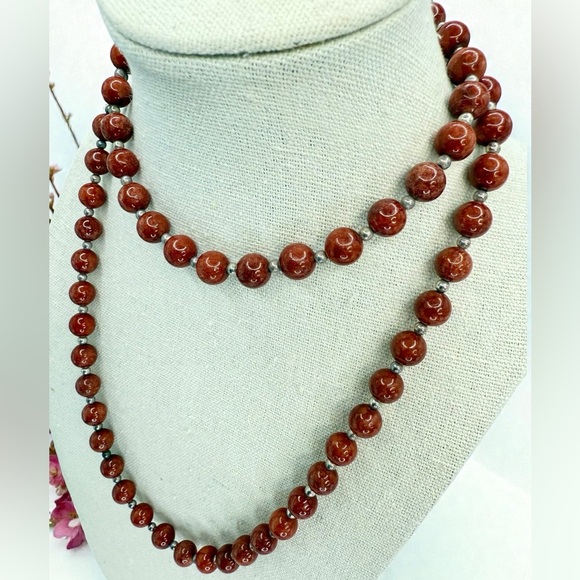 Sterling Silver Red Jasper Beaded Necklace – 30” Natural Gemstone Strand - Picture 7 of 17
